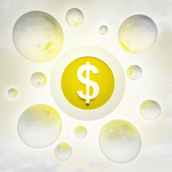 Golden Dollar coin with glossy bubbles in the air with flare — Stock Photo, Image