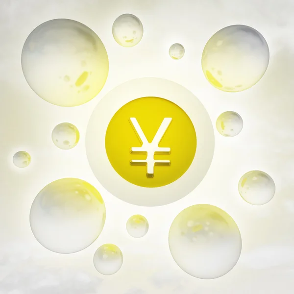 Golden Yen coin with glossy bubbles in the air with flare — Stock Photo, Image
