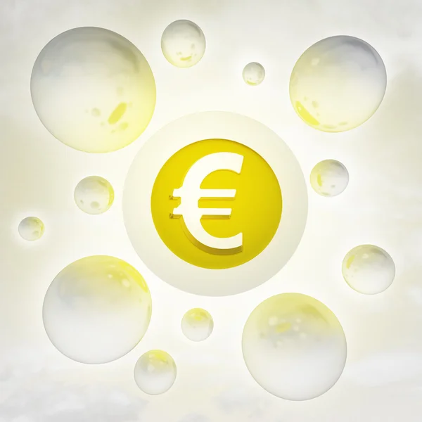 Golden Euro coin with glossy bubbles in the air with flare — Stock Photo, Image