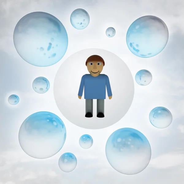 Fényes buborékok a levegőben, fáklyát, boldog ember — Stock Fotó