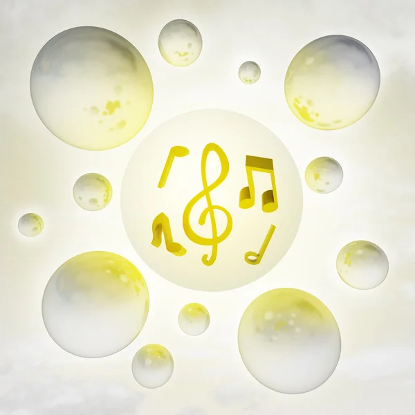 Golden music with glossy bubbles in the air with flare — Stock Photo, Image