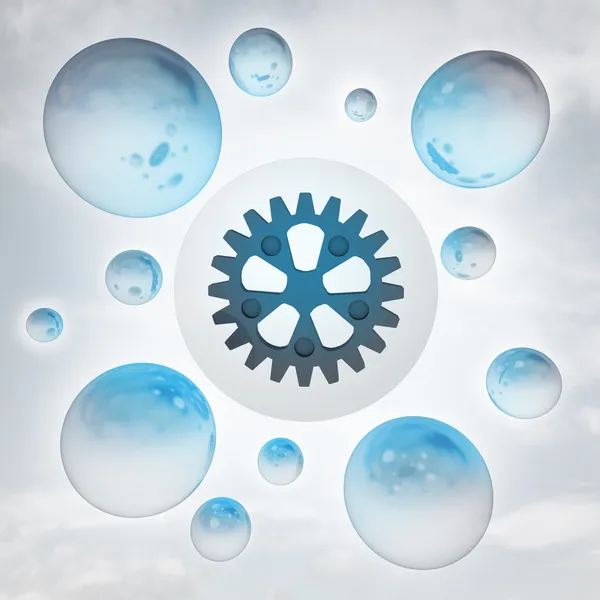 Industrial cogwheel with glossy bubbles in the air with flare — Stock Photo, Image