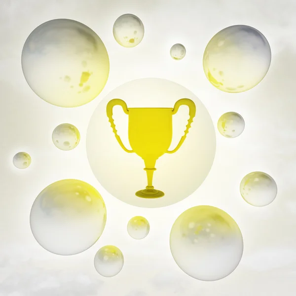 Золотая чашка с глянцевыми пузырьками в воздухе с факелами — стоковое фото