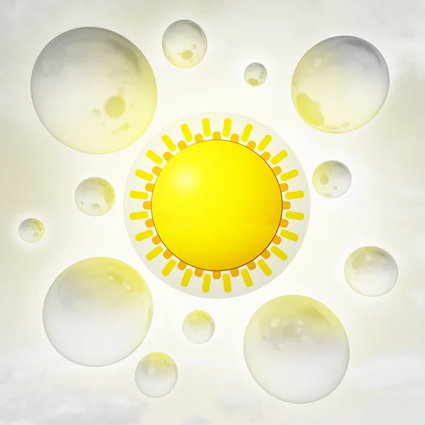 Orange sun with glossy bubbles in the air with flare — Stock Photo, Image