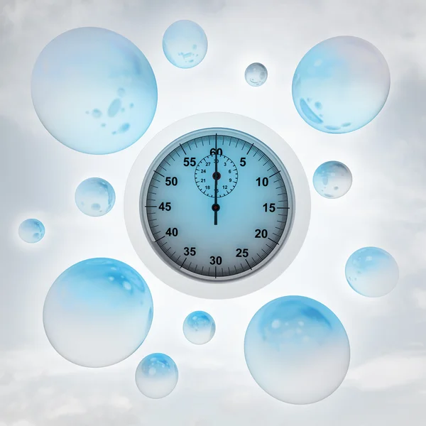 Blaue Uhr mit glänzenden Blasen in der Luft mit Fackel — Stockfoto