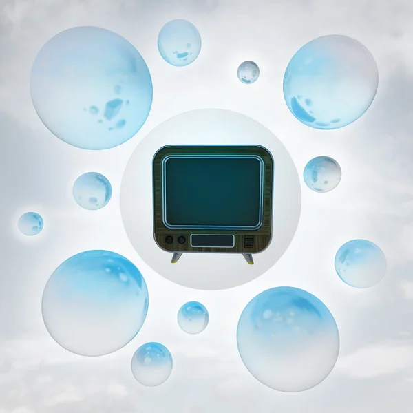 Retro television with glossy bubbles in the air with flare — Stock Photo, Image