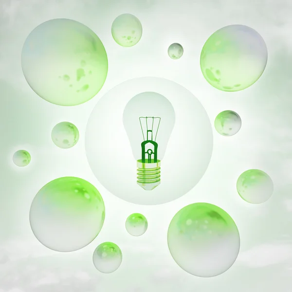 绿色发亮灯泡与光泽气泡用火光在空中 — 图库照片