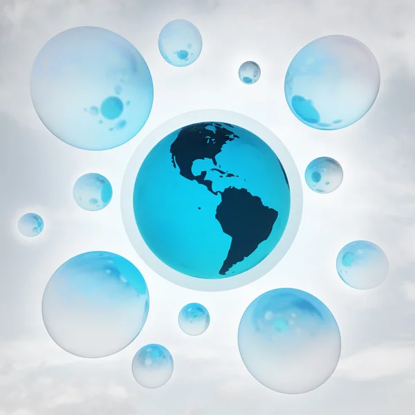 America earth globe with glossy bubbles in the air with flare — Stock Photo, Image