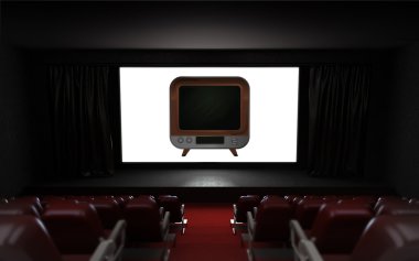 Kanal reklam üstünde belgili tanımlık perde ile boş sinema salonu