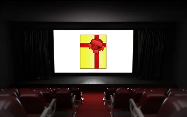 空的影院观众席与礼物广告在屏幕上 — 图库照片