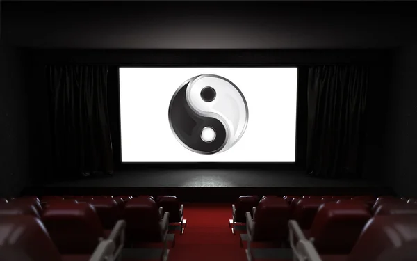 Auditorio de cine vacío con el icono de equilibrio de armonía en la pantalla — Foto de Stock