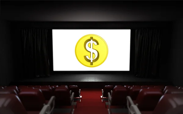 Lege bioscoop auditorium met dollar munt op het scherm — Stockfoto