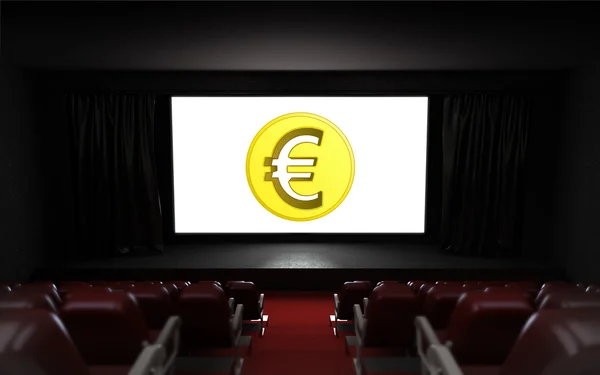 Auditorio de cine vacío con moneda de euro en la pantalla —  Fotos de Stock