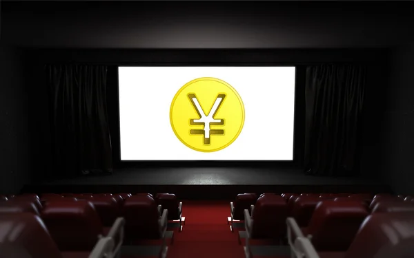 Auditorio de cine vacío con moneda Yuan en la pantalla — Foto de Stock