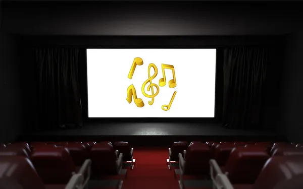 Leerer Kinosaal mit Musik-Werbung auf der Leinwand — Stockfoto