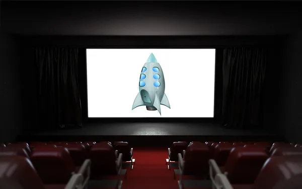 Empty cinema auditorium with space travel advertisement on the screen — Stock Photo, Image