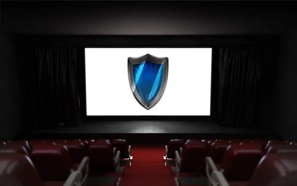 Empty cinema auditorium with protection advertisement on the screen — Stock Photo, Image