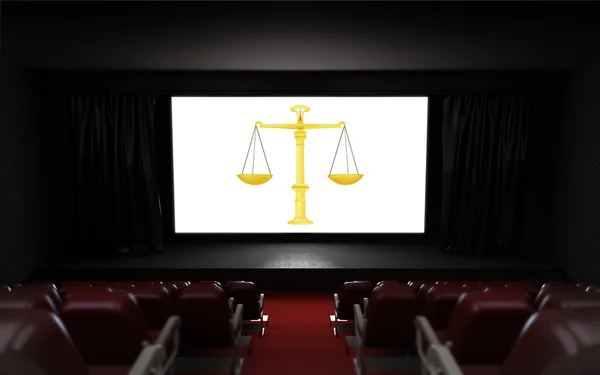 Auditorio de cine vacío con publicidad de comercio justo en la pantalla — Foto de Stock