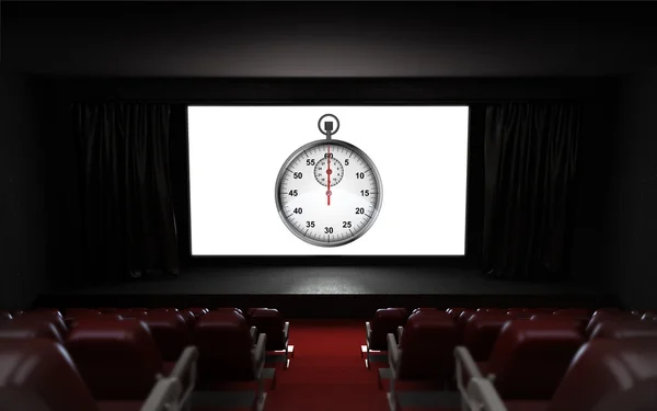Zaman ölçeği reklam üstünde belgili tanımlık perde ile boş sinema salonu — Stok fotoğraf