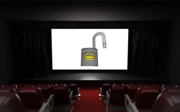 Empty cinema auditorium with safety advertisement on the screen — Stock Photo, Image