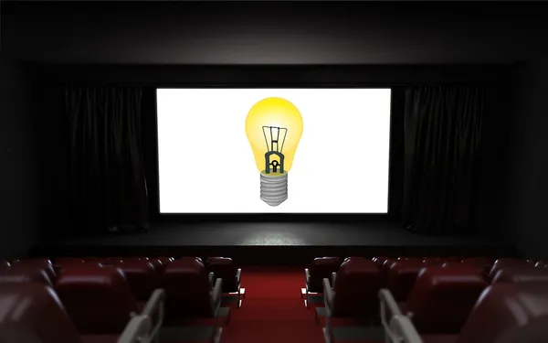 Auditorio de cine vacío con publicidad científica en la pantalla — Foto de Stock