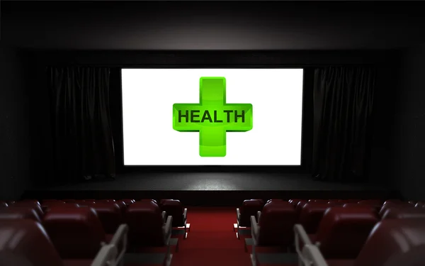 Auditorio de cine vacío con publicidad de salud en la pantalla — Foto de Stock