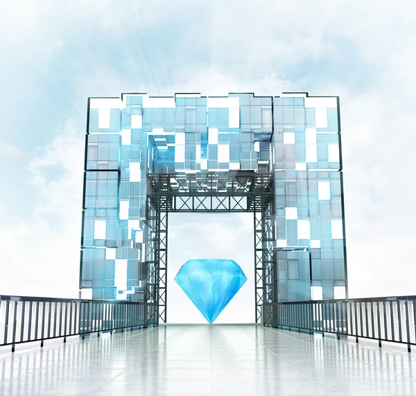 Diamante azul sob construção de gateway — Fotografia de Stock