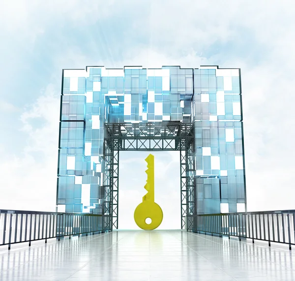 Golden key under gateway building — Stock Photo, Image
