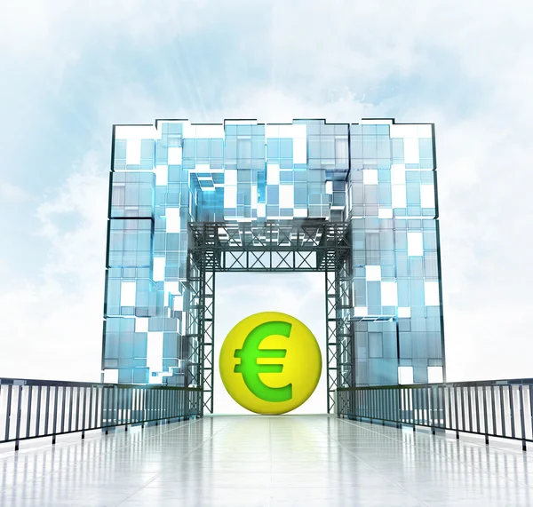 Golden Euro coin under gateway building — Stock Photo, Image