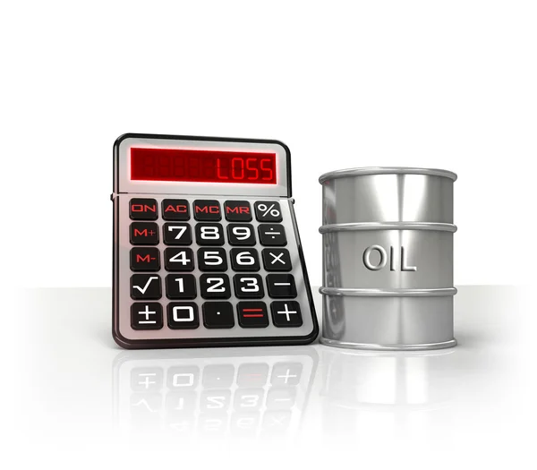 Barril de petróleo com cálculos de negócios negativos — Fotografia de Stock
