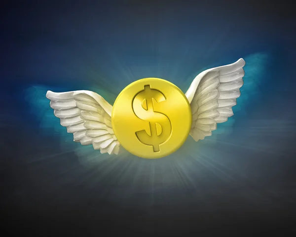 Golden Dollar coin with angelic wings — Stock Photo, Image