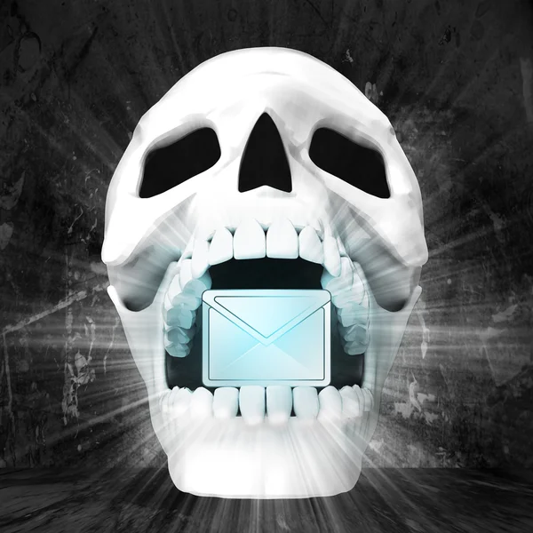 Human skull with mail sign in jaws — Stock Photo, Image