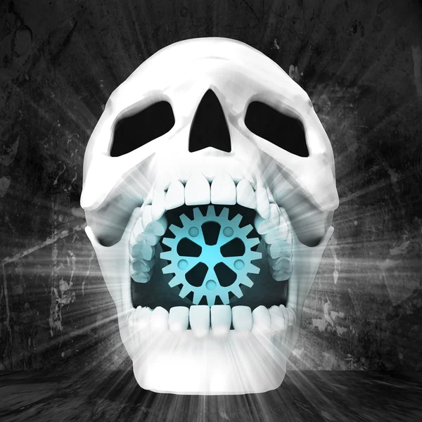 Human skull cogwheel with in jaws — Stock Photo, Image