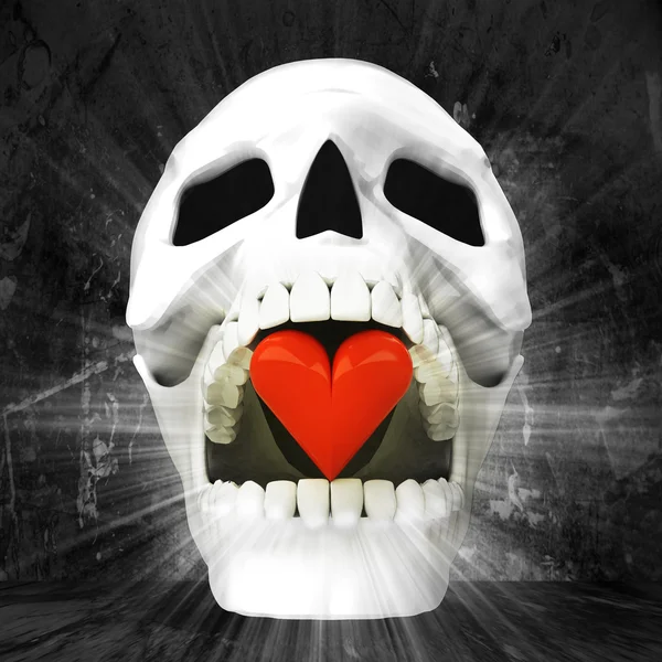 Human skull with heart in jaws — Stock Photo, Image
