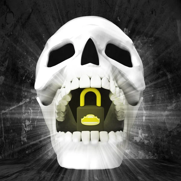 Human skull with padlock in jaws — Stock Photo, Image