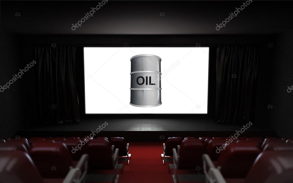 empty cinema auditorium with gasoline barrel advertisement on the screen