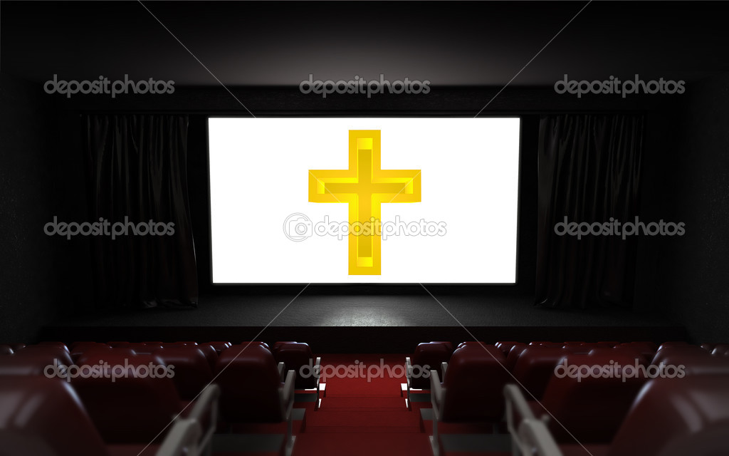 empty cinema auditorium with religion advertisement on the screen