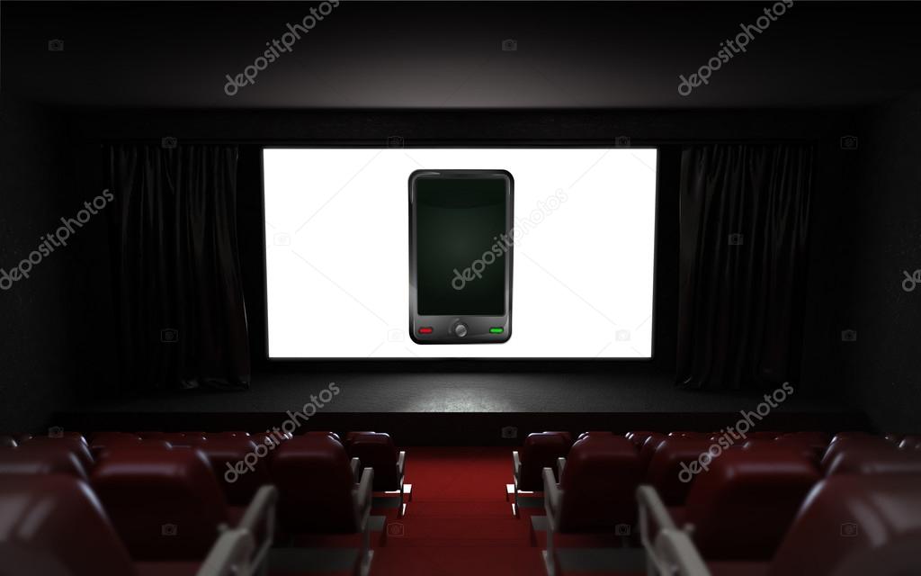 empty cinema auditorium with smart phone advertisement on the screen