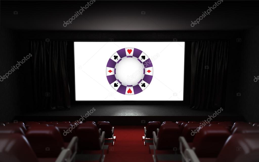 empty cinema auditorium with poker advertisement on the screen