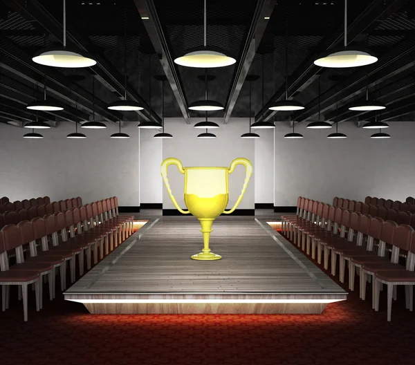 Golden champion cup situated on fashion podium — Stock Photo, Image