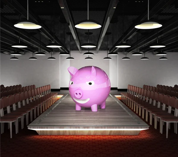 Happy pig situated on fashion podium — Stock Photo, Image