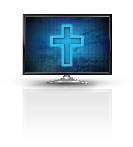 Croce magica sul nuovo schermo moderno blu isolato sul bianco — Foto Stock