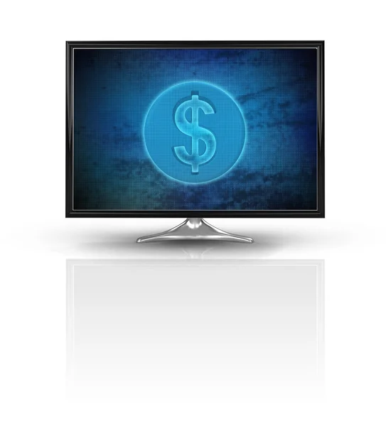 Sihirli dolar sikke üzerinde beyaz izole mavi yeni modern ekranda — Stok fotoğraf