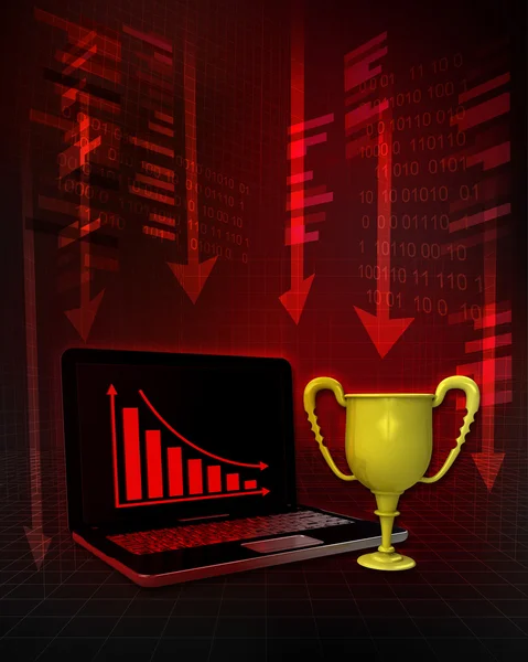 Champion cup with negative online results in business — Stock Photo, Image