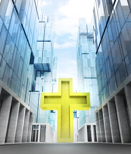 Golden holy cross in business city — Stock Photo, Image