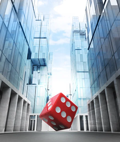 Red fortune dice iin business city — Stock Photo, Image
