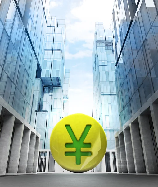 Gyllene yuan mynt i business city — Stockfoto