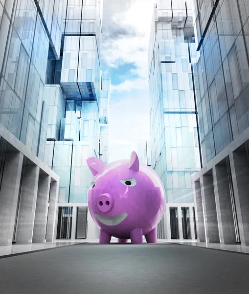 Happy pink pig in business city — Stock Photo, Image