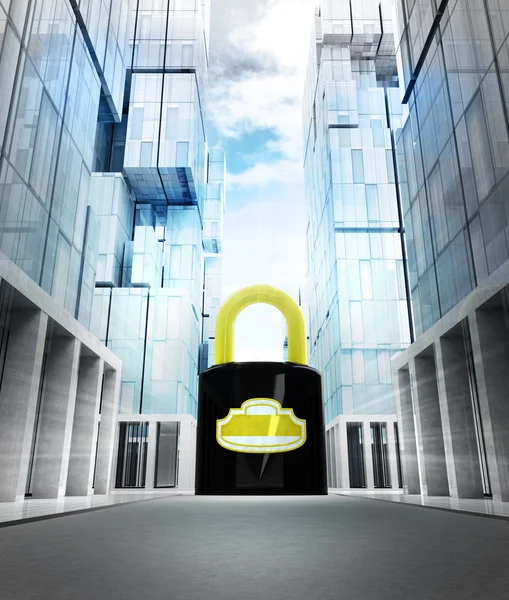 Closed padlock in business city — Stock Photo, Image