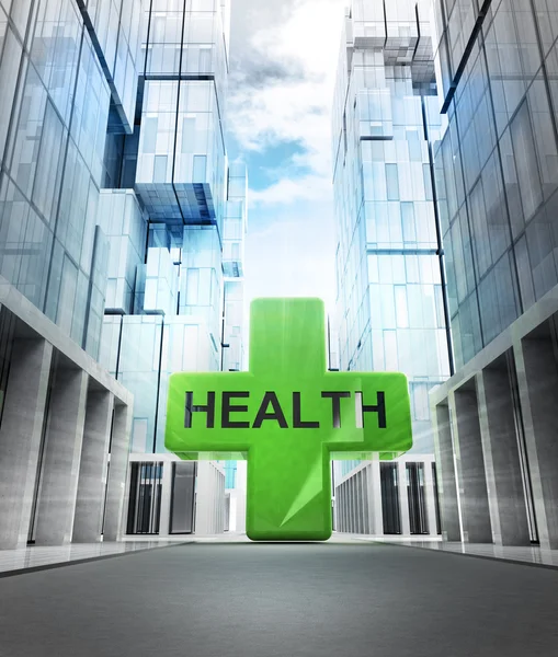 Health cross in business city — Stock Photo, Image